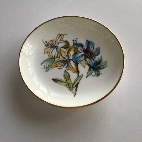 Vintage Minton English Bone China Tiger Lilly Trinket Dish Blue & Yellow Floral - Picture 6 of 10
